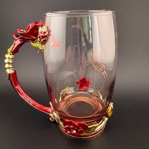 Glass Coffee Tea Cup 3D Jeweled Red & Gold Enamel Rose & Butterfly ARC Of France - Picture 4 of 11